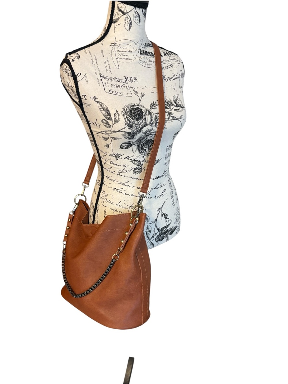 Boho Brown Faux Leather Hobo Bag with Chain Accent - Like New